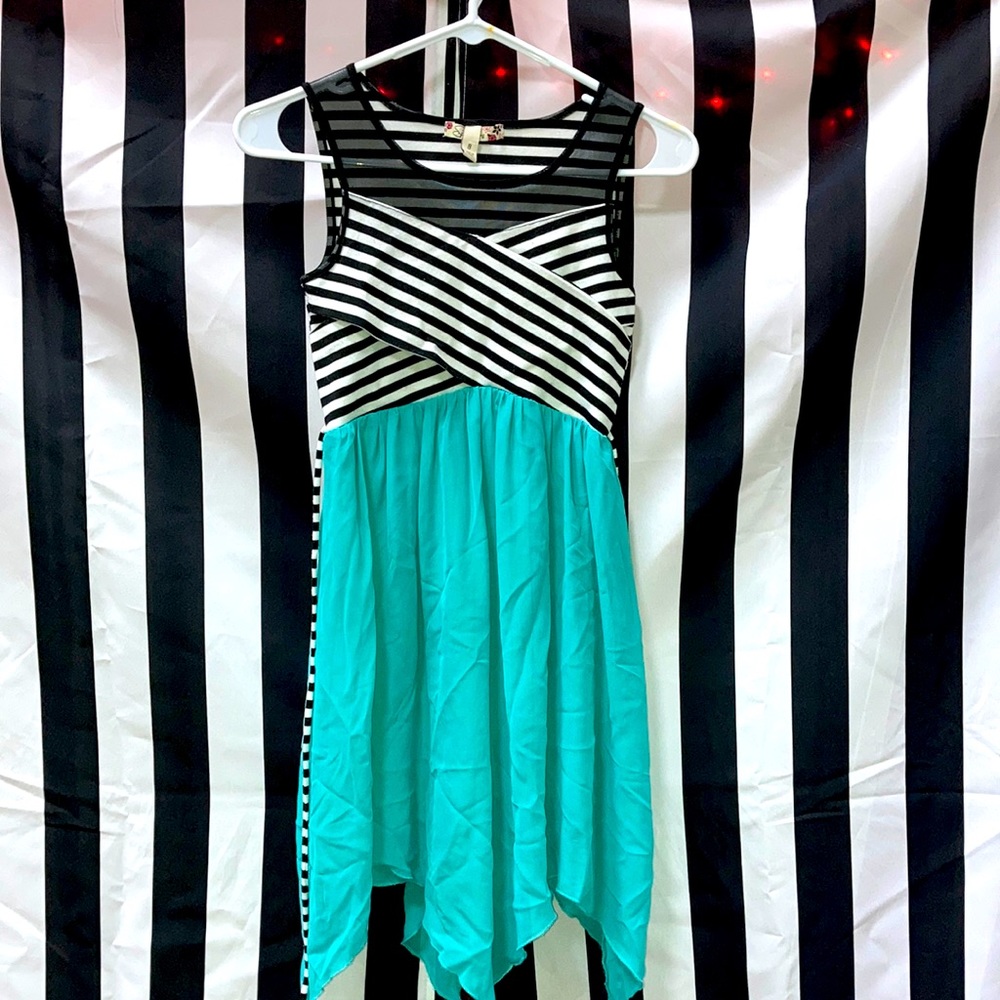 Black and white stripes and blue dress